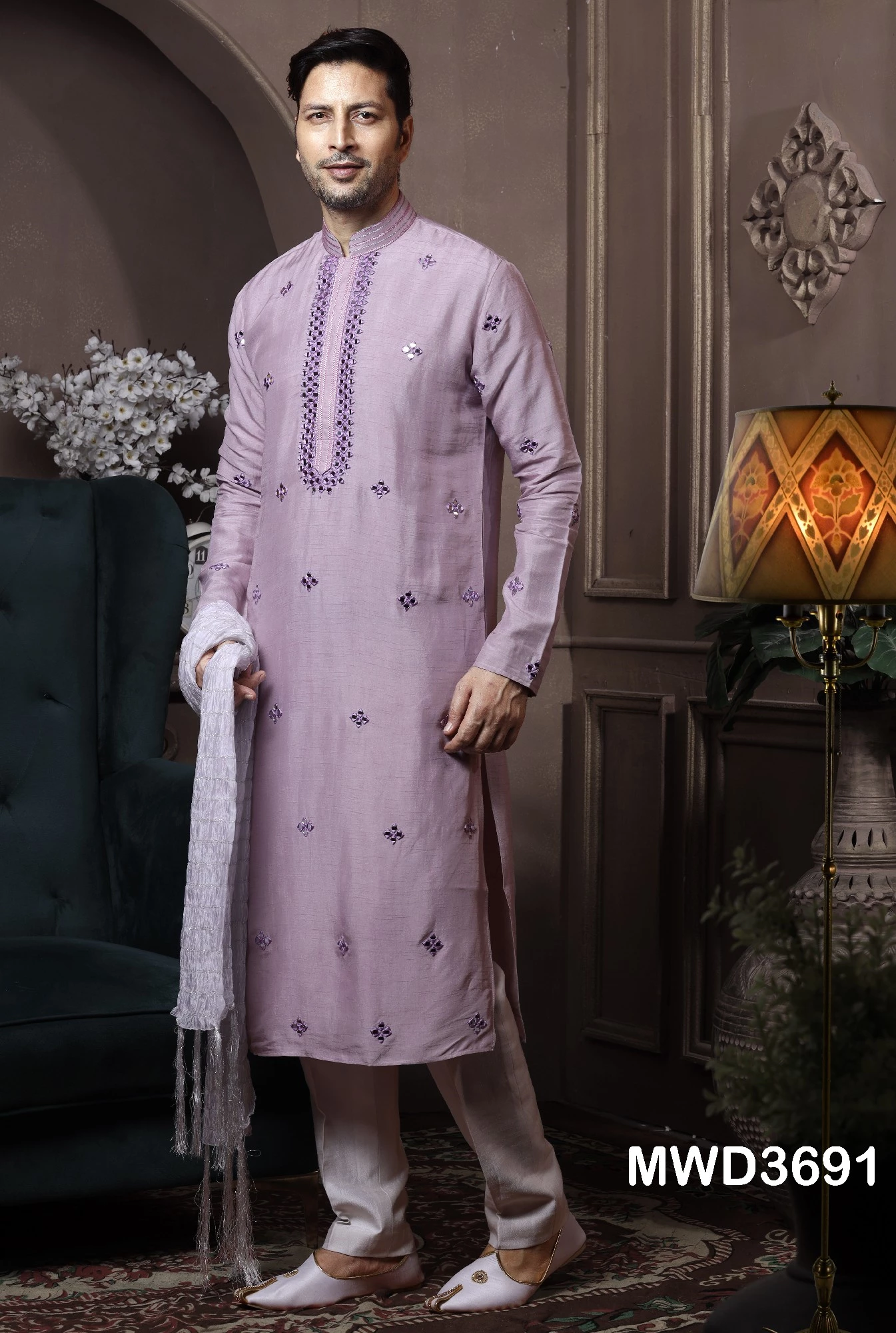Purple Readymade Mirror Embroidered Kurta Pajama, 36-1.webp